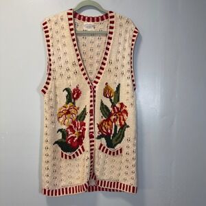 Vintage Susan Bristol Hand Knit Floral Cardigan Vest XL Ivory Red 1994